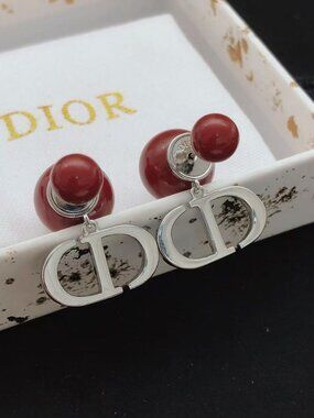 Dior Silver-Tone Tribales Red Resin Bead CD Logo Earrings